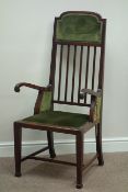 Edwardian mahogany high back armchair, scrolled arms,