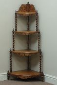 Victorian walnut bow front graduating corner whatnot etarge, barley twist supports, with inlay,