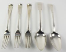 George III Old English pattern silver table spoon and two Hanoverian table forks by William Eley