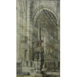 Cathedral Interior, pen and ink drawing indistinctly signed Cecil B Roper 186?,