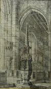 Cathedral Interior, pen and ink drawing indistinctly signed Cecil B Roper 186?,