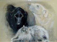 Portrait of Labradors and Cat, mixed media on paper signed and dated D Bentley 2010,