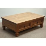 Rectangular pine coffee table with four drawers, 76cm x 120cm,