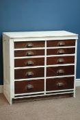 19th century painted ten drawer chest, mahogany drawer fronts, with brass drawer rollers, W94cm,