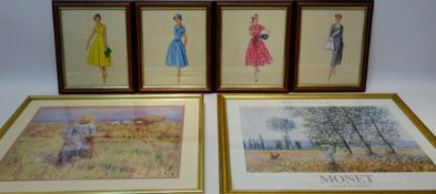 Four 1950's Ladies Fashion colour prints 24cm x 19cm and eight other colour prints including