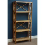 Solid oak five tier shelving unit, W70cm, H161cm,