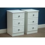 Pair white laminate three drawer bedside chests, W40cm, H69cm,