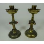 Pair of 19th Century jewelled and brass candlesticks in the Pugin style H17.