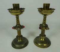 Pair of 19th Century jewelled and brass candlesticks in the Pugin style H17.