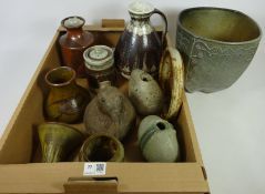 Studio pottery vase decorated with an ammonite, St Ives pottery wall pocket, terracotta bird vessel,