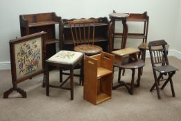 Three oak bookcases, oak plant stand, folding child's chair, needlework fire screen,