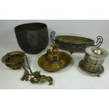 German Art Nouveau brass dish with glass liner, Indian brass vase,