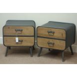 Pair retro industrial style wood and metal two drawer cabinets, W48cm, H50cm,
