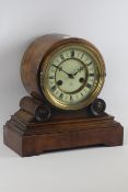 Late Victorian oak and walnut cased circular dial mantle clock, chiming the half hours,