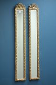 Pair narrow gilt framed bevelled edge wall mirrors, W18cm,