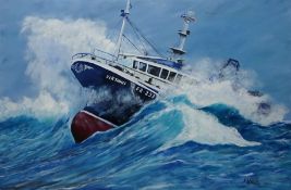 Trawler FR 253 Virtuous at Sea, oil on board signed and dated K W Wallis 2015,