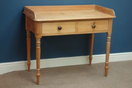 Victorian pine two drawer washstand with raised gallery, W99cm, H83cm,