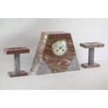 Art Deco period pink and grey marble clock garniture,