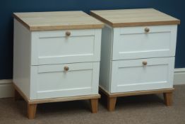 Pair painted two drawer bedside chests with ash tops, W46cm, H57cm,