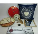 Two wall clocks, desk clock, two leaded glass mirrors,