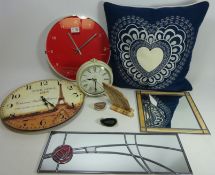 Two wall clocks, desk clock, two leaded glass mirrors,