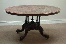 Victorian inlaid walnut oval loo table, tilt top, on four pillar carved base, 135cm x 100cm,