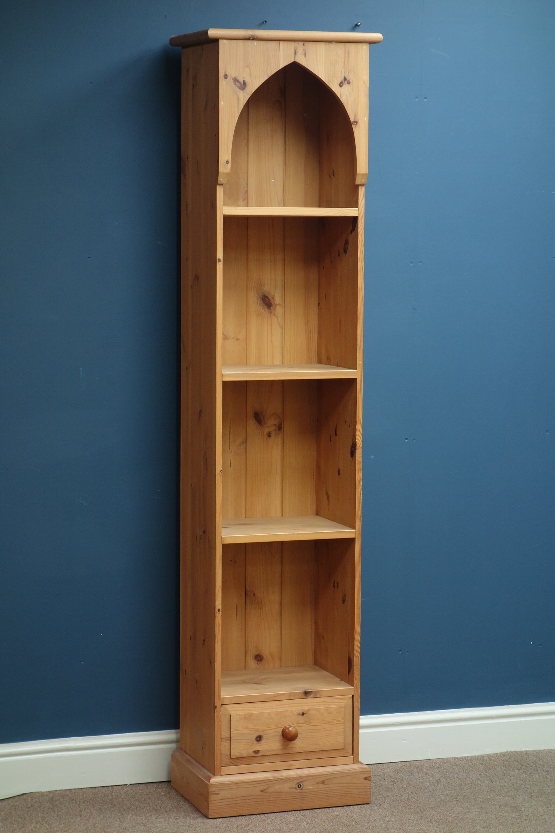 Narrow pine open bookcase with drawer, W42cm, H177cm,