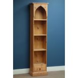 Narrow pine open bookcase with drawer, W42cm, H177cm,