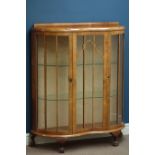 Early 20th century walnut serpentine display cabinet, W100cm, H122cm,