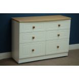 Light oak and cream finish six drawer chest, W113cm, H82cm,