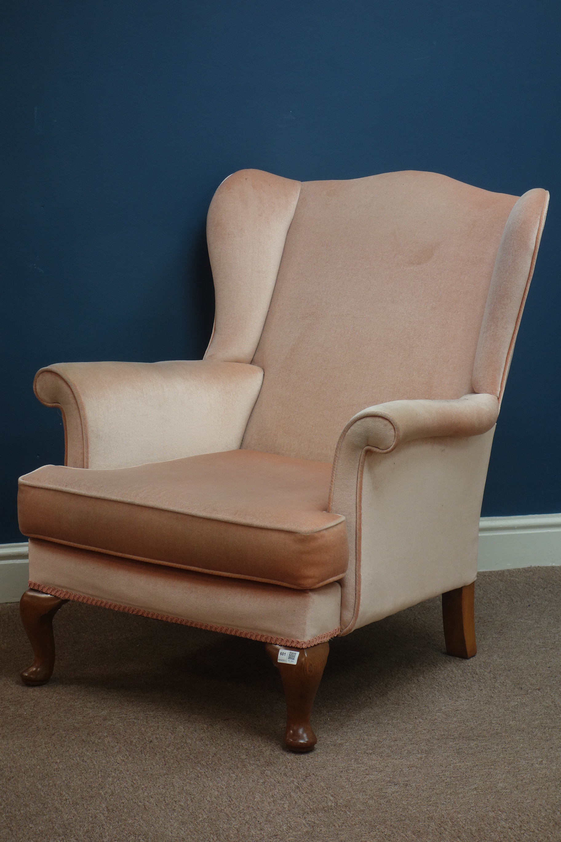 Mid 20th century walnut framed upholstered wingback armchair