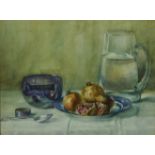 Still Life Pomegranates, Silver Spoon and Glassware, watercolour monogrammed E.S.