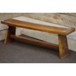 Polished hardwood rectangular stool with under-stretcher, W150cm,