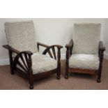 Pair Art Deco oak open armchairs, fan pierced arms,