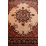 Large Persian Kerman design rose ground rug carpet, large central rosette medallion,