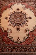 Large Persian Kerman design rose ground rug carpet, large central rosette medallion,