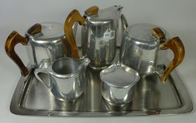 Five piece Picquot Ware tea set on stainless steel tray Condition Report <a