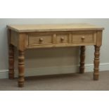 Traditional pine three drawer dresser base, turned legs, W129cm, H78cm,