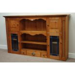 Pine dresser top, three heights plate rack with cupboard and drawers, blue tinted lead glazed doors,