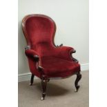 Victorian mahogany framed upholstered armchair, carved with acanthus leaves,