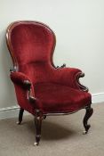 Victorian mahogany framed upholstered armchair, carved with acanthus leaves,