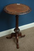 Victorian carved walnut circular tripod wine table, D46cm,