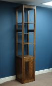 Narrow stained oak shelving unit with cupboard, W44cm, H214cm,