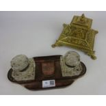 Late 19th/ early 20th Century brass inkwell and a Art Deco period desk stand with cut glass