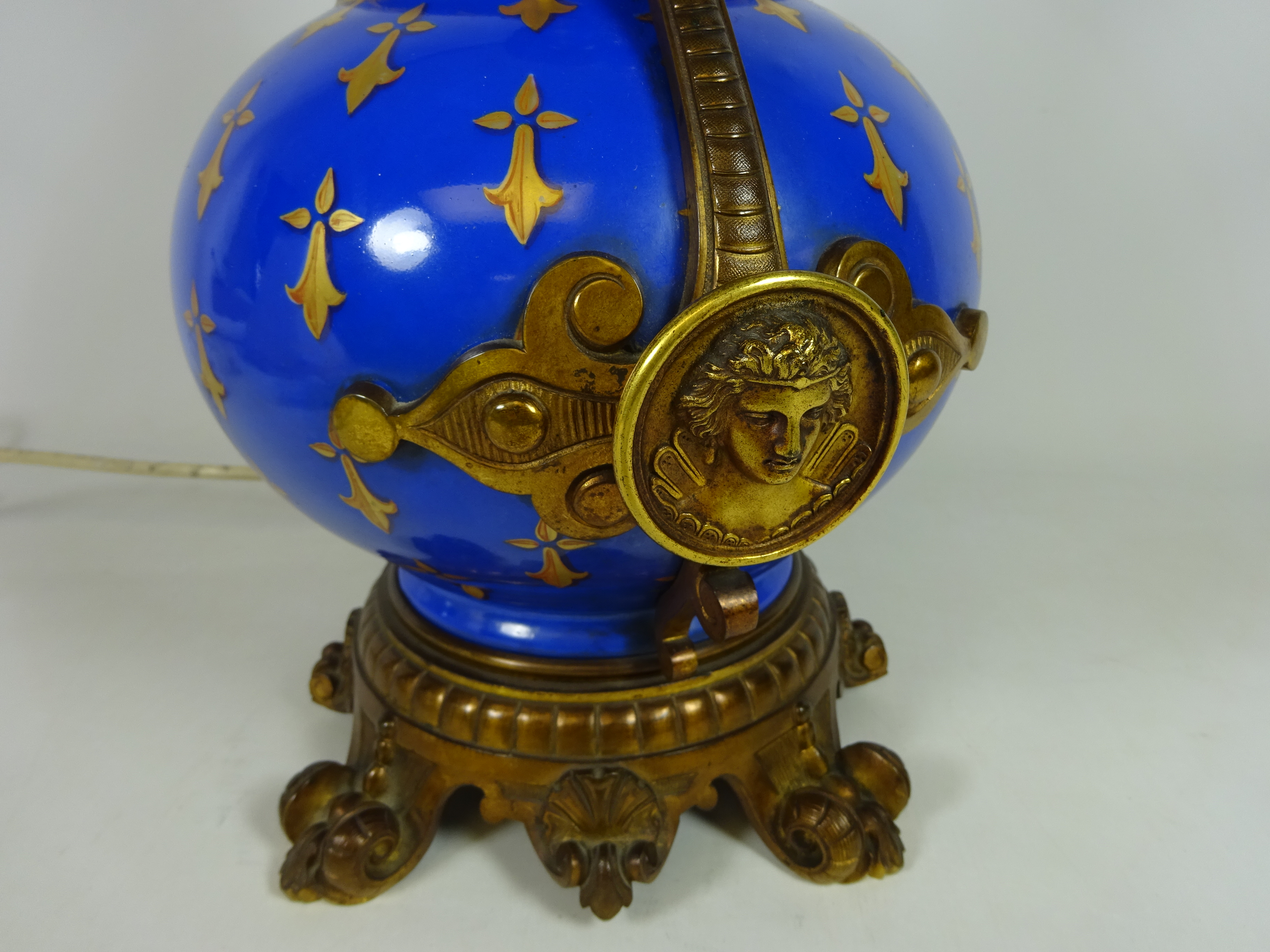 19th/ early 20th Century French porcelain Ormolu mounted table lamp with hand painted gilt motif, - Image 3 of 3