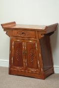 Chinese rosewood altar cabinet, cupboard and single drawer, with mother of pearl inlay, W78cm,