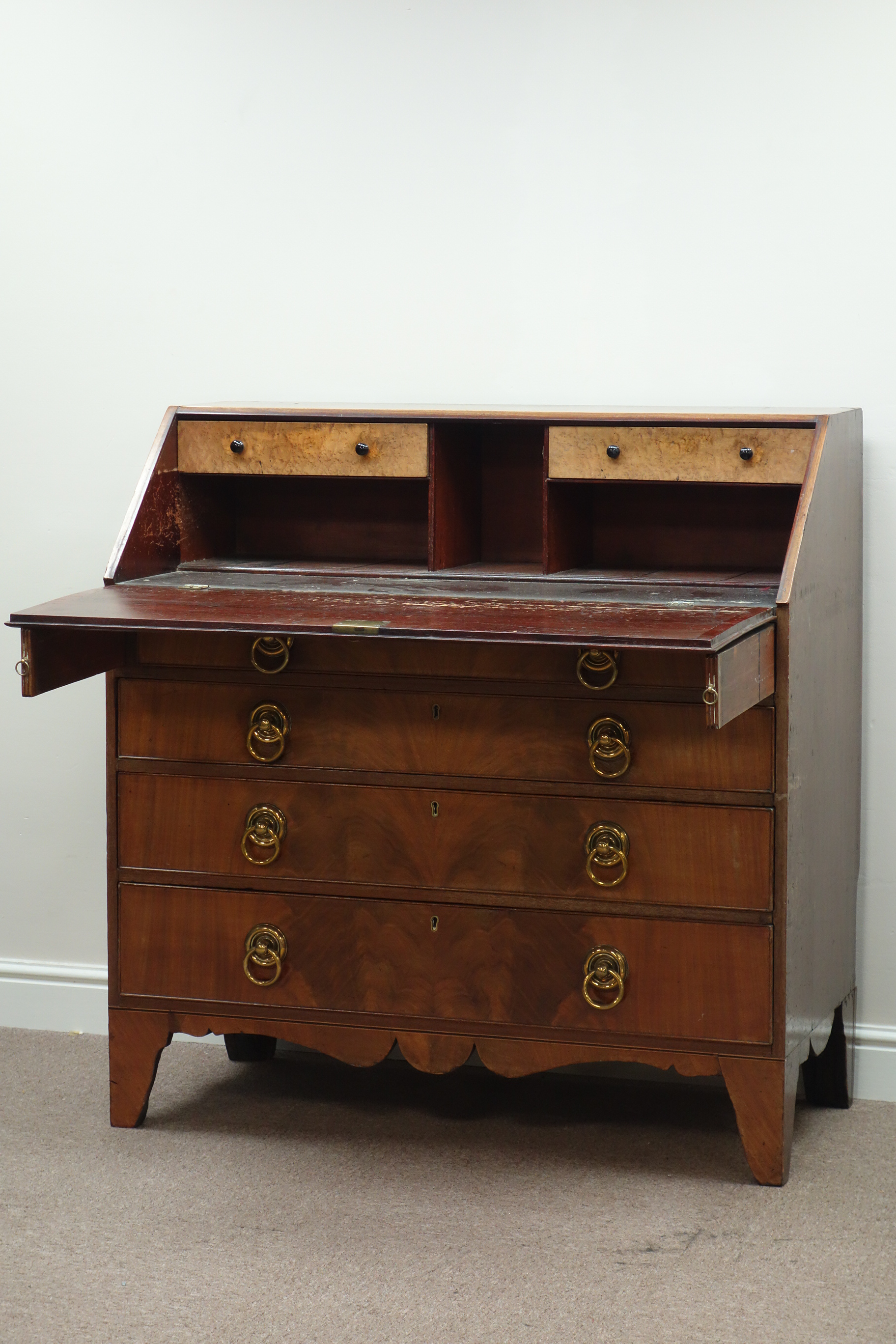 Georgian mahogany fall front bureau, four graduating drawers, shaped apron, bracket feet, W108cm, - Image 2 of 2