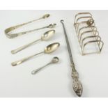 Hallmarked silver toast rack, sugar nips,