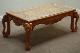 Rectangular heavily carved hardwood coffee table, four elephant legs, 140cm x 78cm,