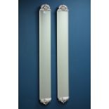 Pair narrow wall mirrors with silvered pediments and bevelled glass 123cm x 16cm